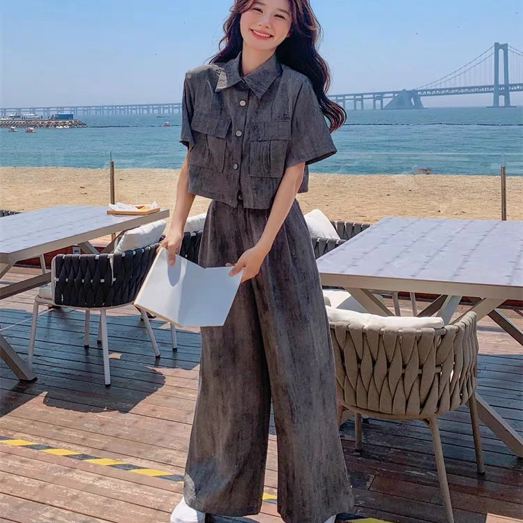 高级感盐系扎染薄款西装套装女夏阔腿裤两件套洋气时尚小众设计感