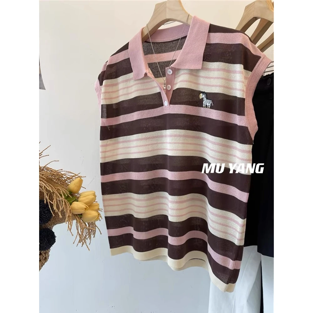 /斑马/条纹小飞袖针织短袖女夏季正肩无袖polo领上衣93276