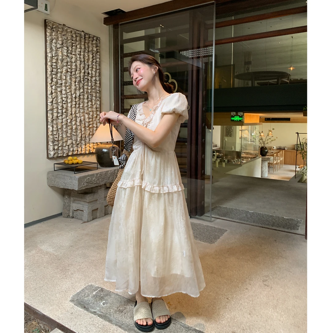 【西西里安】薄雾禅意~缩褶系带花边V领温柔茶歇连衣裙