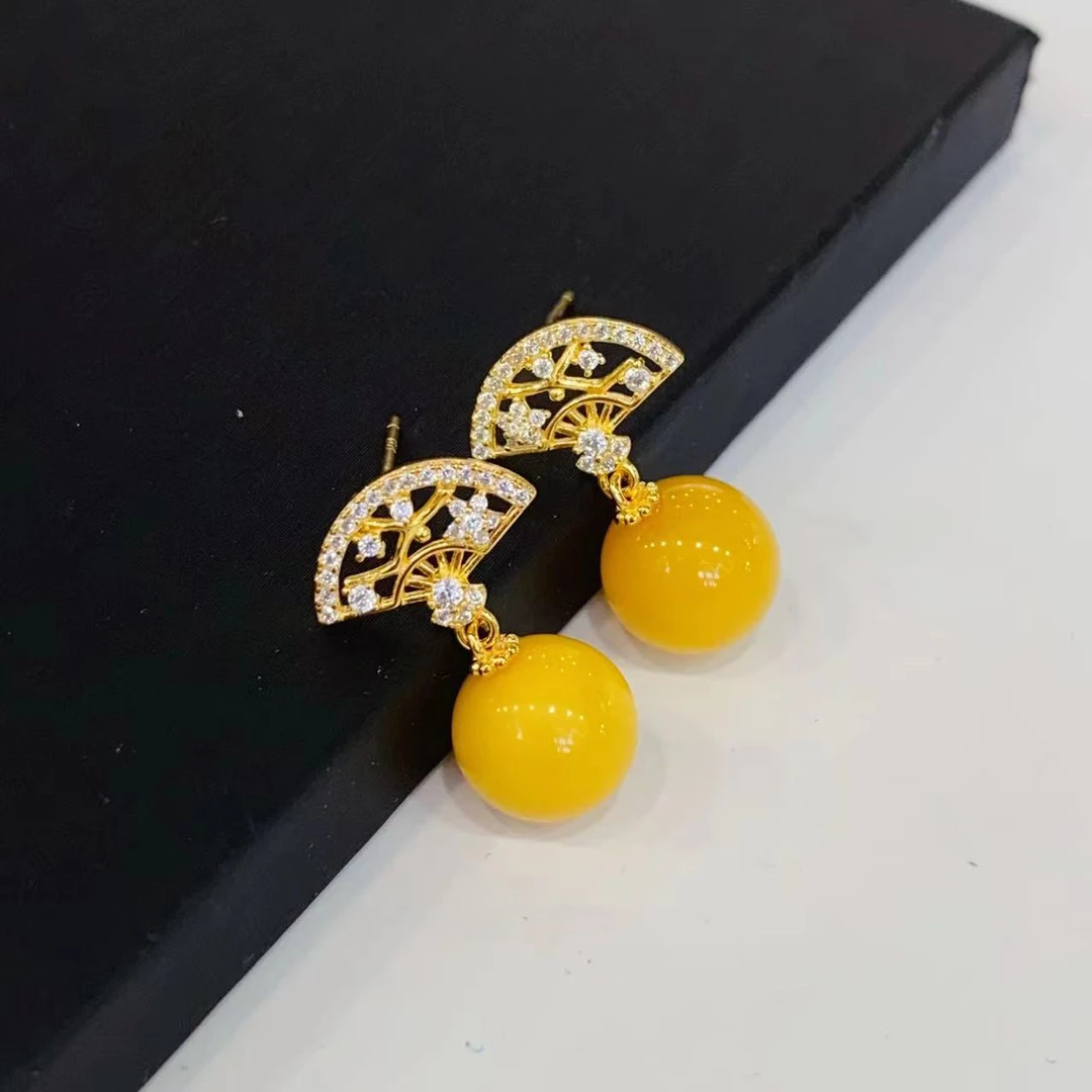 【丽姐专属】03115 国风扇子s925银蜜蜡耳钉