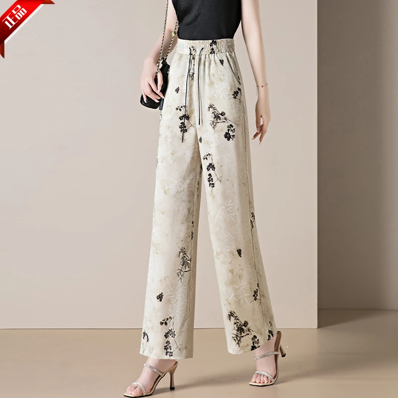 正品宽松阔腿裤薄款夏季印花高腰休闲裤印花长裤时尚中国风直筒裤