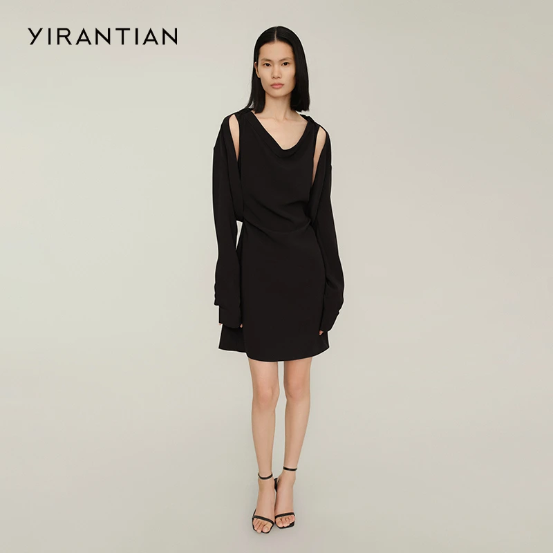 【YIRANTIAN】设计师小众休闲时尚假两件披肩式收腰连衣裙A字裙女