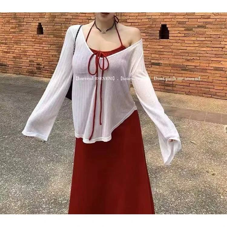 【发发推荐】纯欲风防晒罩衫挂脖连衣裙显瘦海边度假套装1182