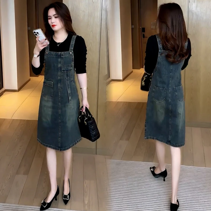 时尚假两件拼接牛仔连衣裙女2025春季新款洋气显瘦中长款背带裙子