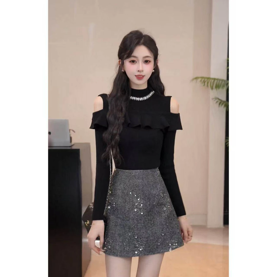 YUANLIANSU/圆脸酥【晴风花语】法式减龄荷叶边露肩钉珠针织衫女