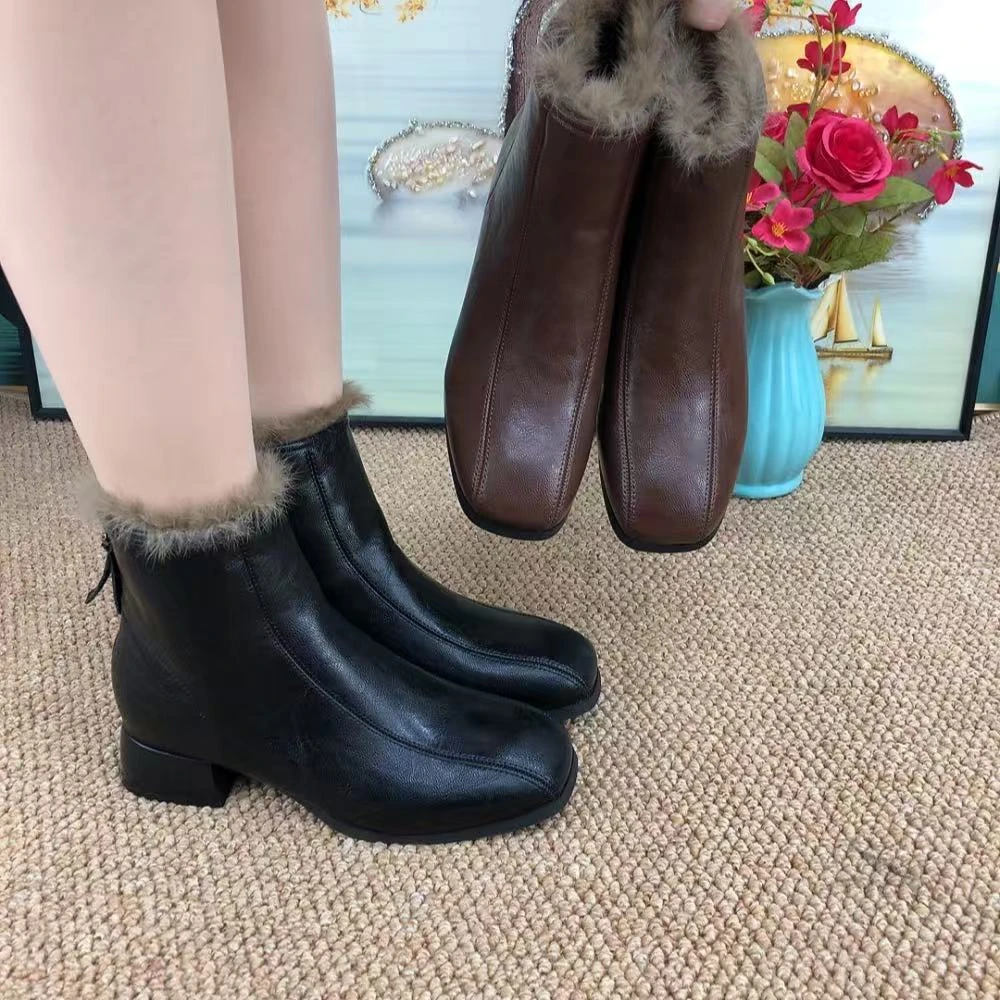 女鞋短 靴秋冬时尚系带粗跟软底加绒女鞋英伦风 侧拉链中筒低跟