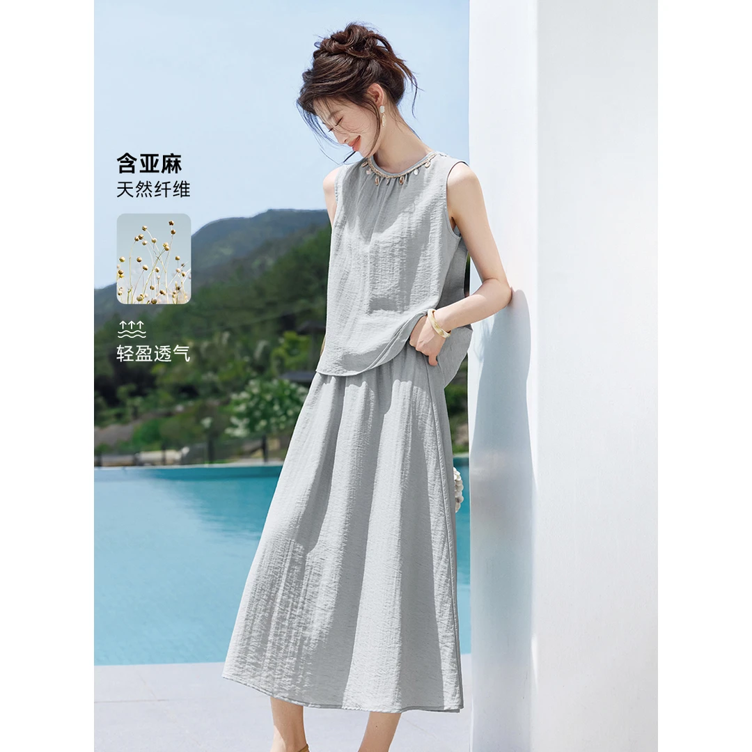 亚麻气质显瘦衬衫半身裙两件套2025夏季亚麻洋气轻薄套装