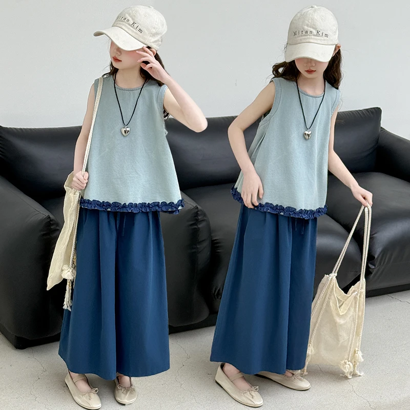 2025新款小众森女套装儿童洋气百搭花边无袖背心阔腿裤夏装两件套