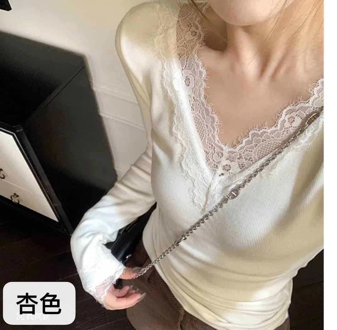 晶选推荐（紫皇冠）新款加绒加厚v领软蕾丝打底上衣189显瘦网红