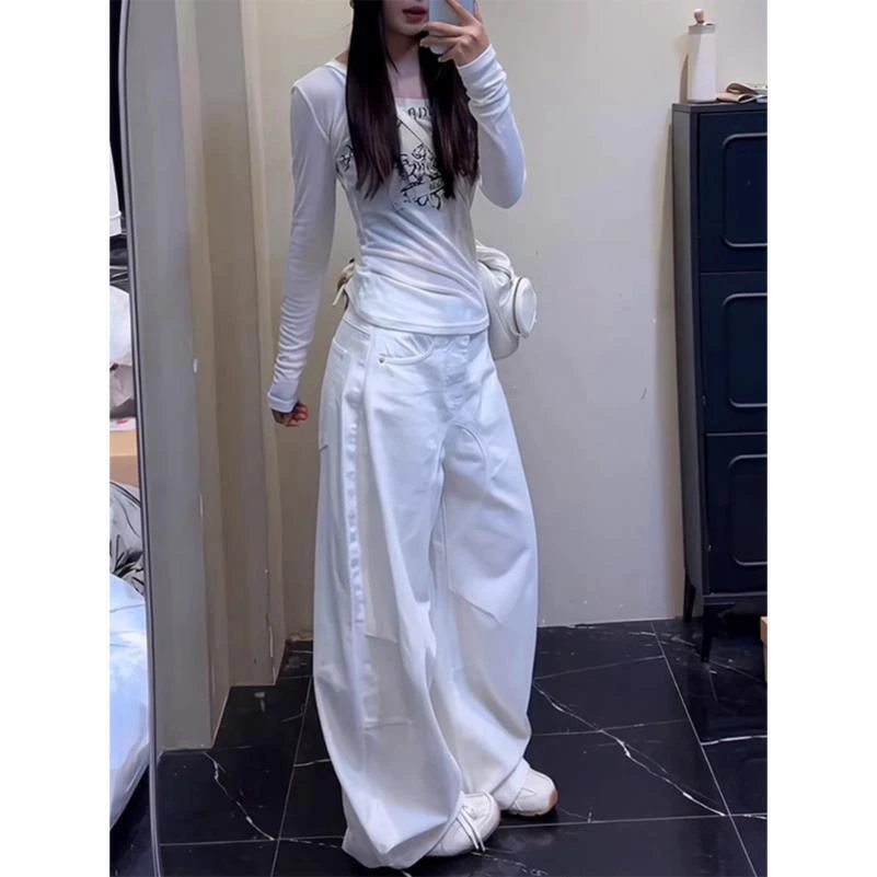 NOMIO美式复古白色弯刀裤百搭显瘦宽松休闲裤男女高腰设计感夏季