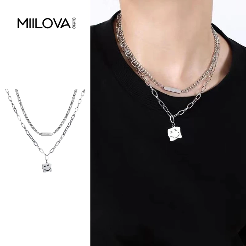 钛钢项链 新款Luck笑脸X笑脸项链冷淡风双层叠戴链毛衣链小众饰品
