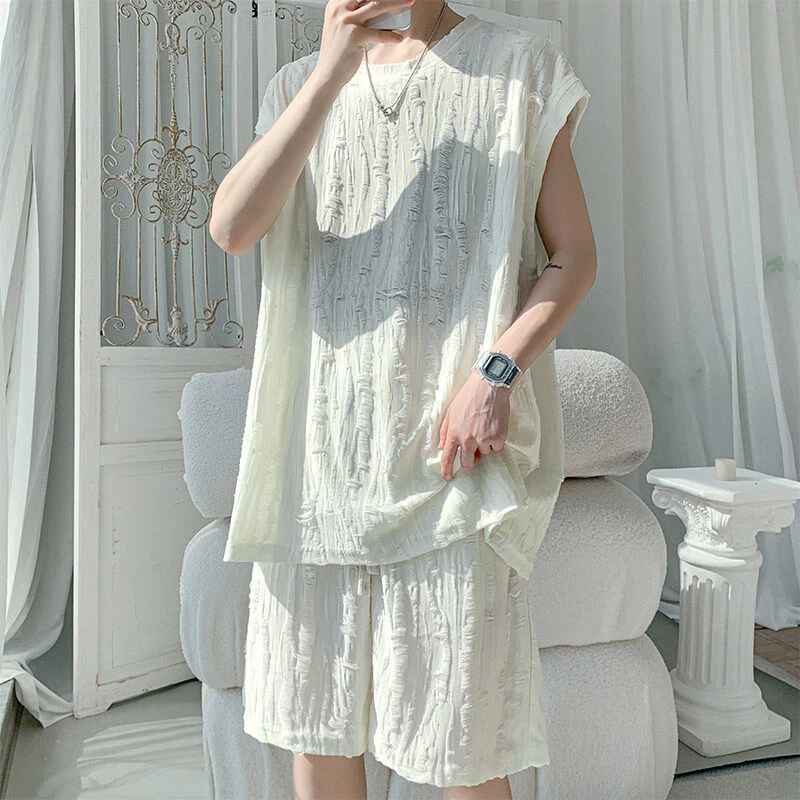 夏季港风复古镂空破洞背心短裤两件套男简约大码宽松轻薄休闲套装