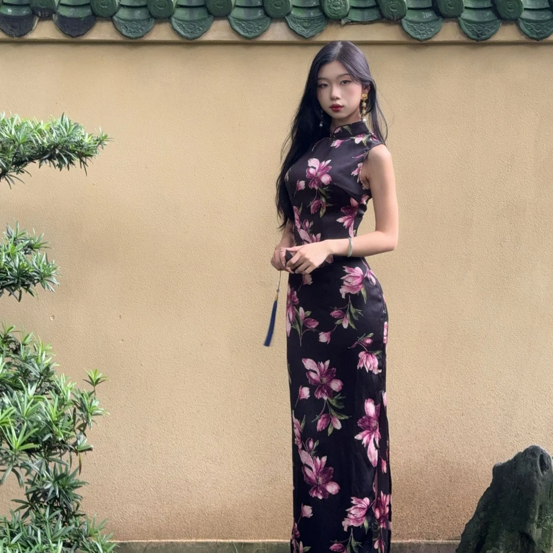 秋辞香~墨韵 港工提花优雅缎面气质复古港风旗袍无袖中国风