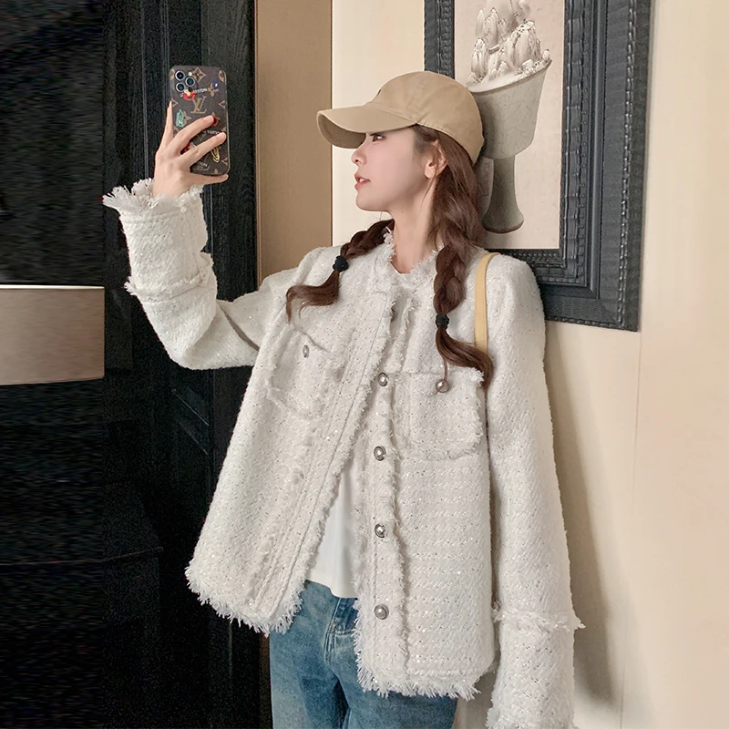米白色小香风外套女春秋2025新款法式名媛设计感毛边流苏夹克上衣