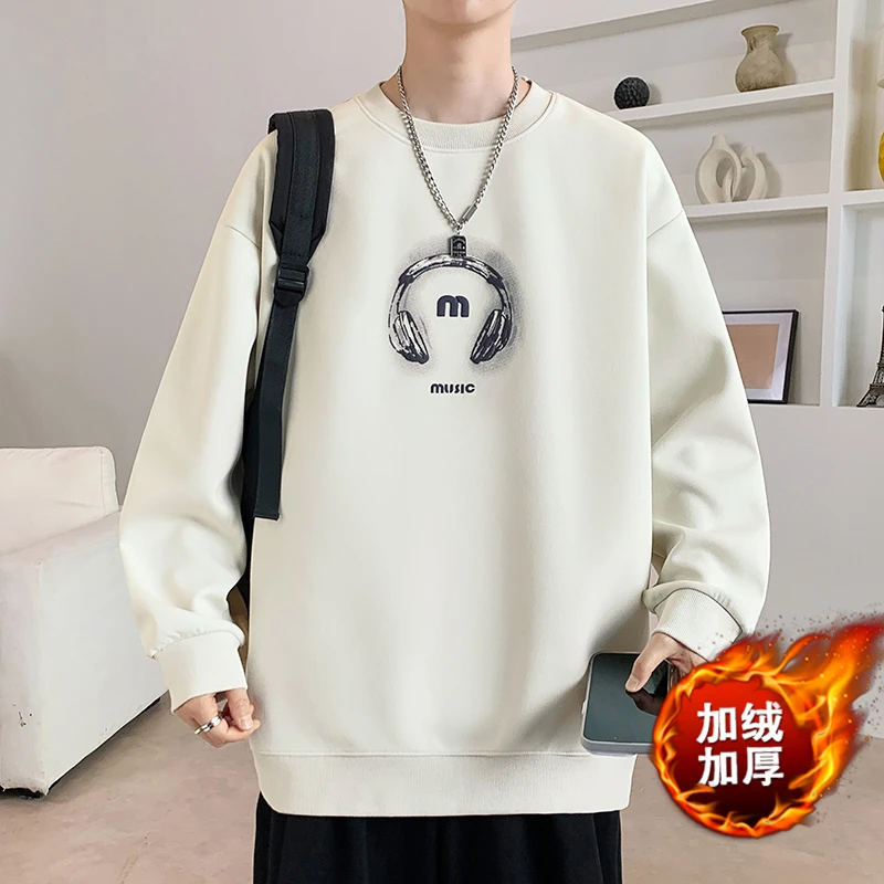 秋冬季新款青少年潮流美式宽松男生加绒加厚圆领印花长袖卫衣打底