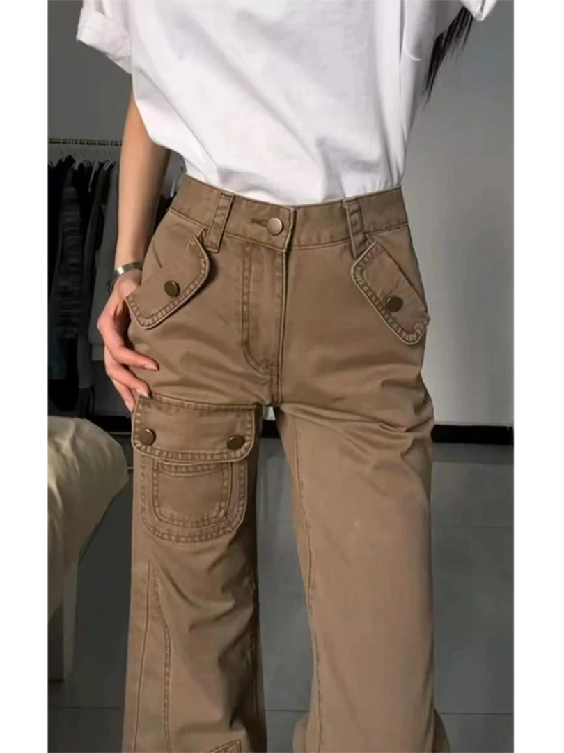 【清仓】美式高街多口袋喇叭工装裤女夏季高腰显瘦休闲直筒牛仔裤子