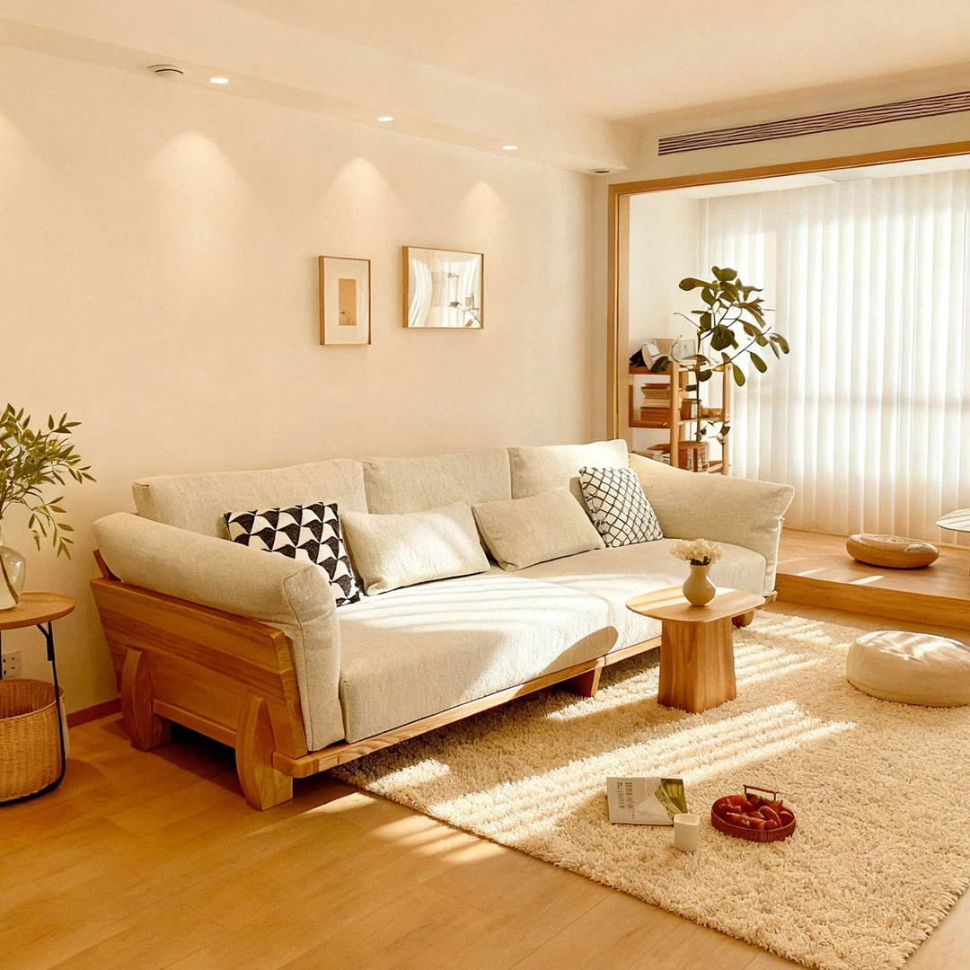 原木风实木沙发客厅家用直排白蜡木沙发侘寂风简约原创大四人位