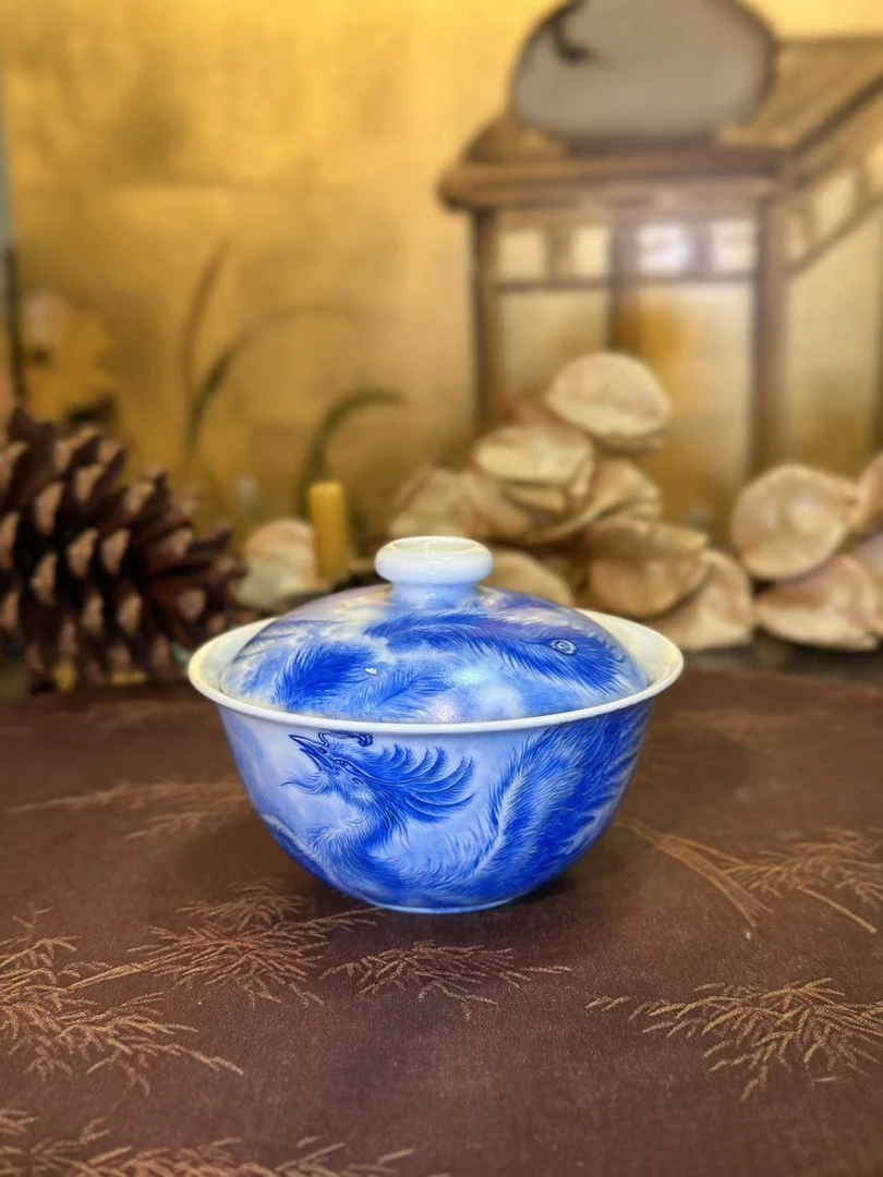 一儒堂 釉上苏麻离青凤凰盖碗