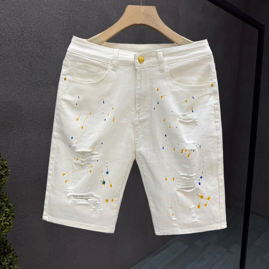 梦泡官方直筒白色牛仔短裤男潮流破洞五分裤男士夏季薄款外穿中裤