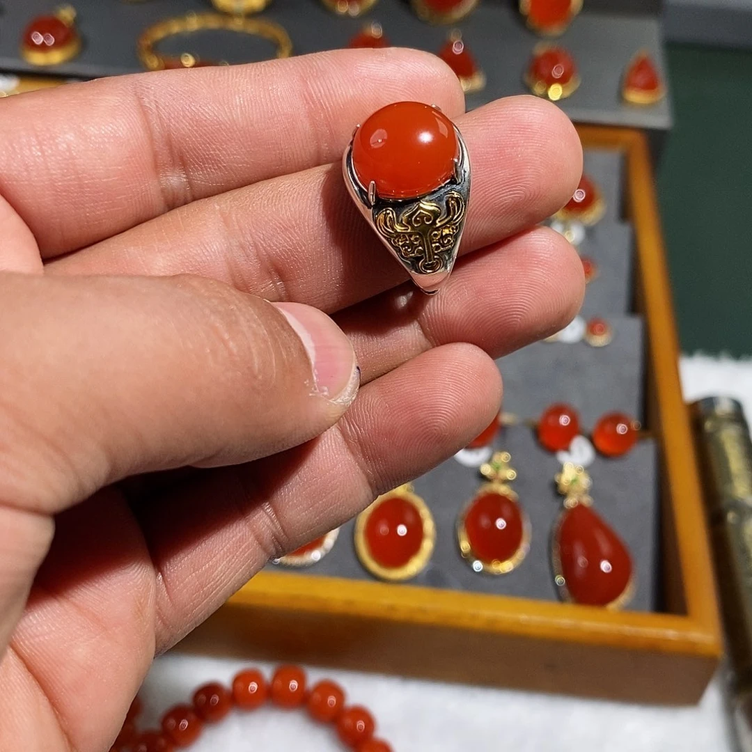 南红玛瑙戒指银S925镶嵌