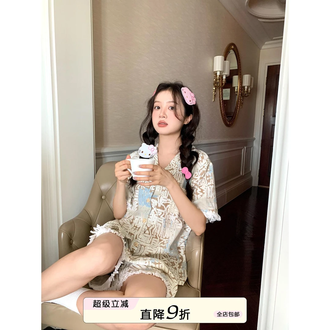 复古风流苏短袖睡衣女夏季薄款舒适可外穿家居服