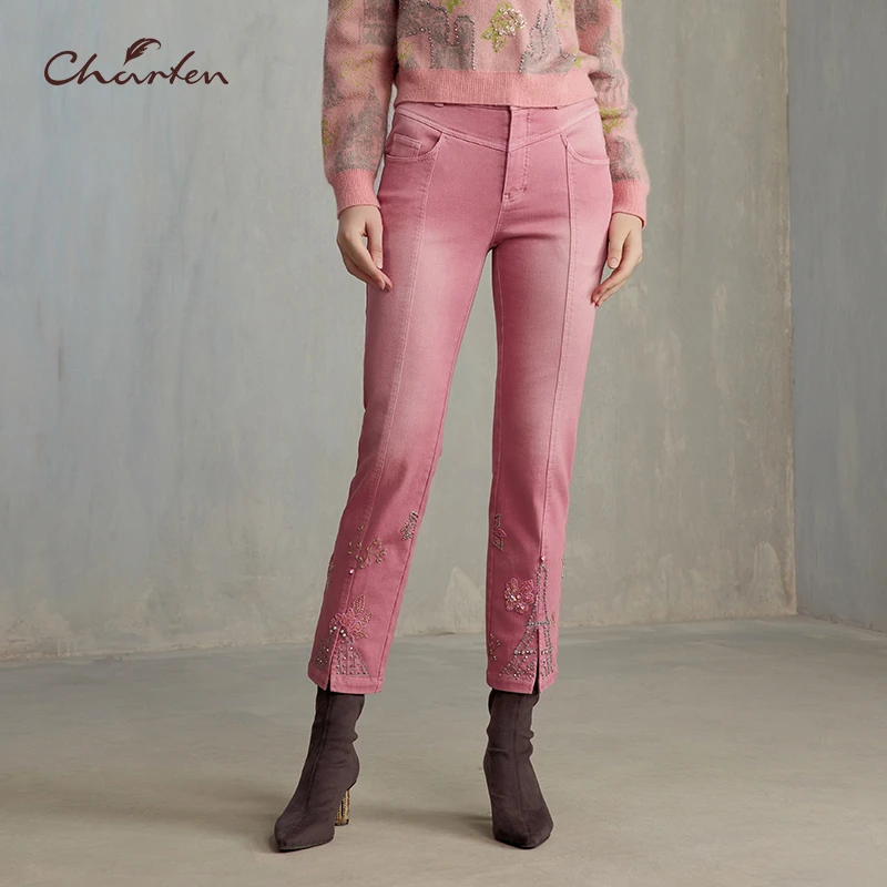 CHARFEN朝峰秋冬季加绒复古高腰刺绣显瘦牛仔长裤CFE5F122-1081D