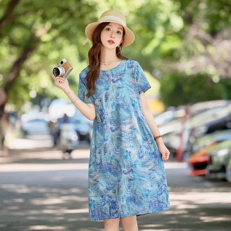 时尚印花圆领棉麻连衣裙女2025夏薄款舒适小个子休闲宽松显瘦裙子