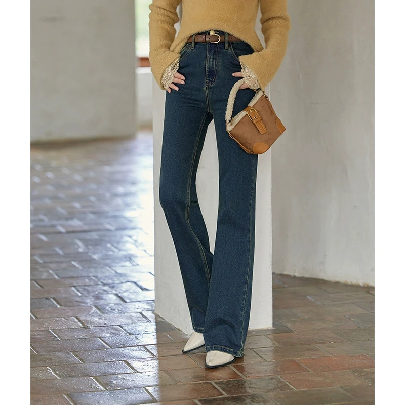 【年末大促】谜秀蓝色高腰直筒抓绒牛仔裤女秋冬窄版阔腿裤显瘦微喇