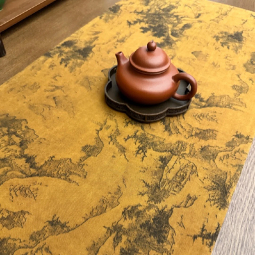 【旧山居图】双面定制新中式复古香云纱复古茶席百搭茶道文玩桌垫