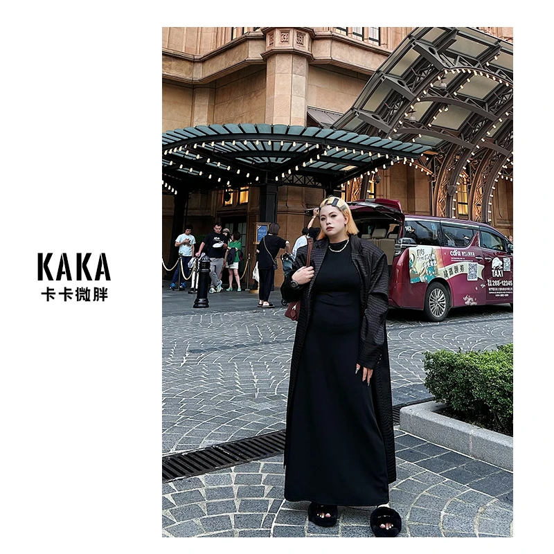 【KAKA】陨石纹长款风衣外套女秋季长袖时尚显瘦翻领黑色设计感外套