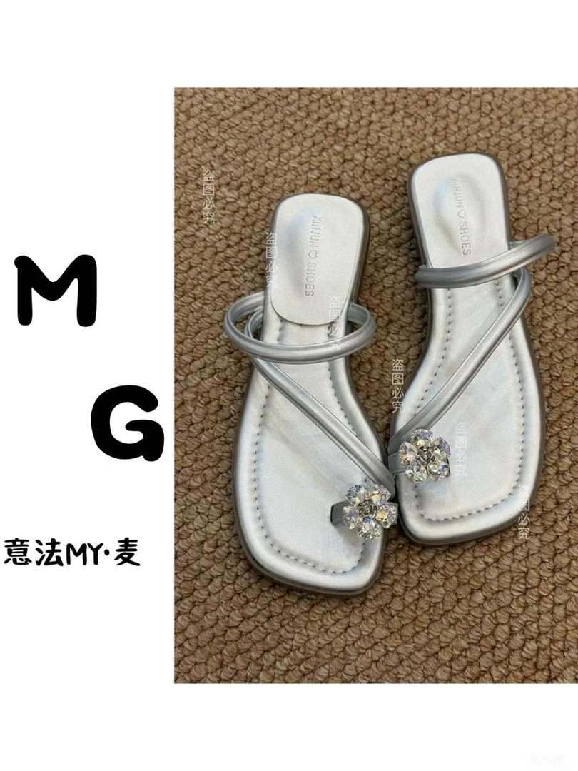 【苗哥推荐】法式粗跟水钻绝美高跟夹趾凉鞋女2025夏季新款