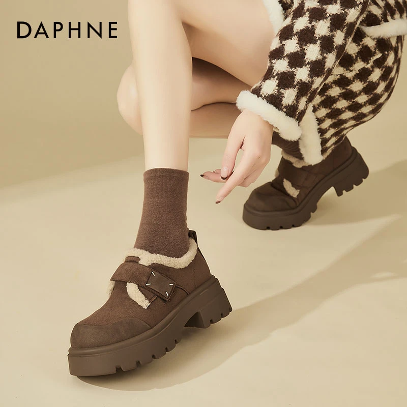 达芙妮春秋加绒女鞋厚底棉鞋2025年新款勃肯鞋粗跟百搭增高毛毛鞋