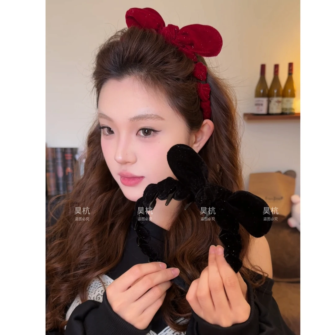 节日氛围！细闪～超精致细闪立体蝴蝶结高颅顶红色齿梳兔耳朵发箍