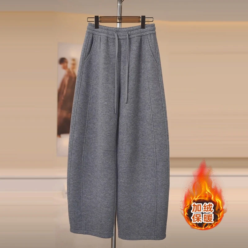 绵羊毛加厚阔腿裤女2025冬季新款高腰休闲百搭宽松保暖弯刀加绒裤
