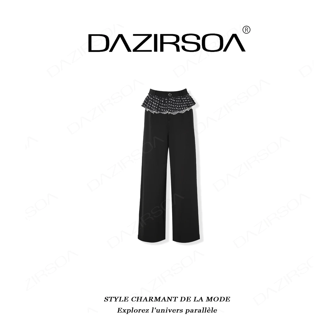 “假日心迹”时尚百搭拼接蕾丝波点直筒休闲裤 Y138