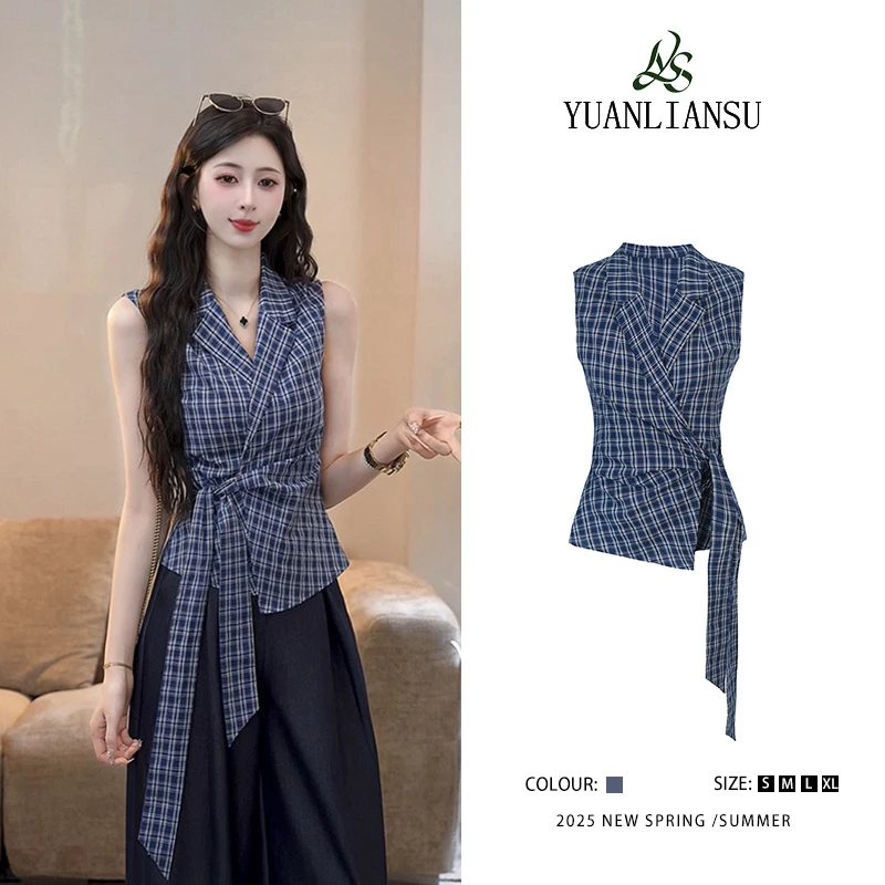 YUANLIANSU/圆脸酥【繁星如梦】夏季复古V领格子收腰显瘦衬衫女