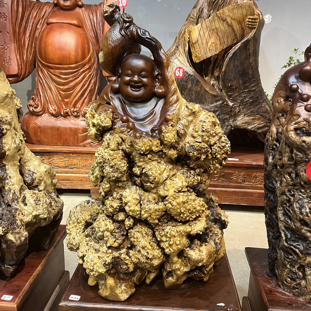胡杨木代代有福弥勒佛手工一体成型根雕工艺品摆件，
