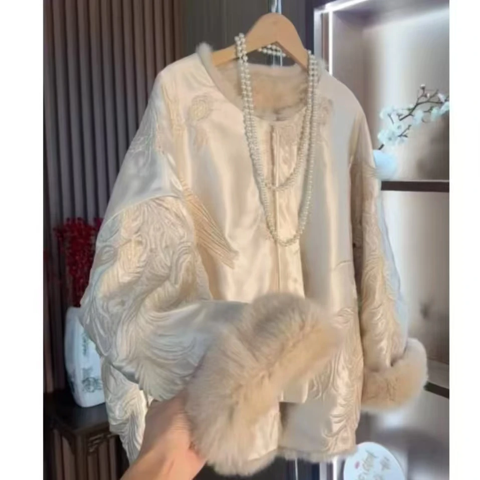 【白霜】中式冬重工刺绣兔毛保暖双面外套【中式兔毛内胆】