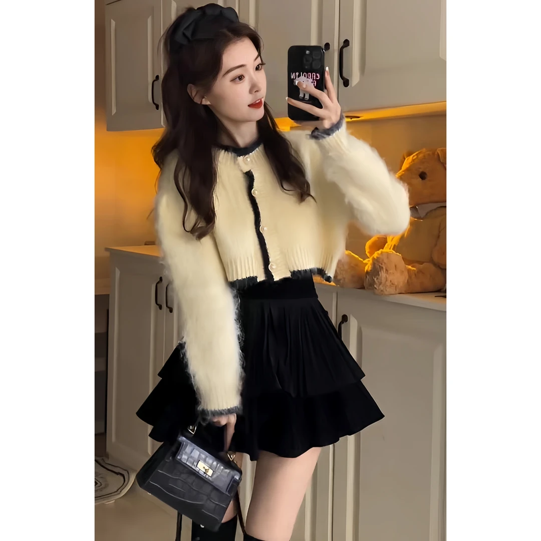 2025小个子千金风甜美清新少女时尚长袖毛衣外套黑丝绒半身裙套装