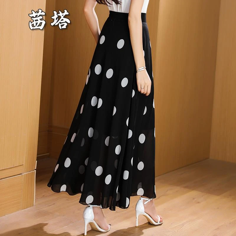 黑色波点雪纺半身长裙女2025夏季新款大摆气质薄款垂感大码百褶裙