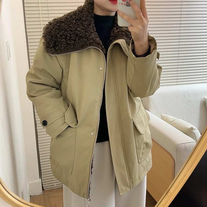 大翻领圈圈毛加绒工装派克棉服女冬季休闲宽松加厚保暖棉衣外套潮