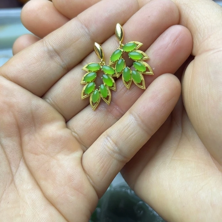 和田玉耳饰银S925镀金镶嵌