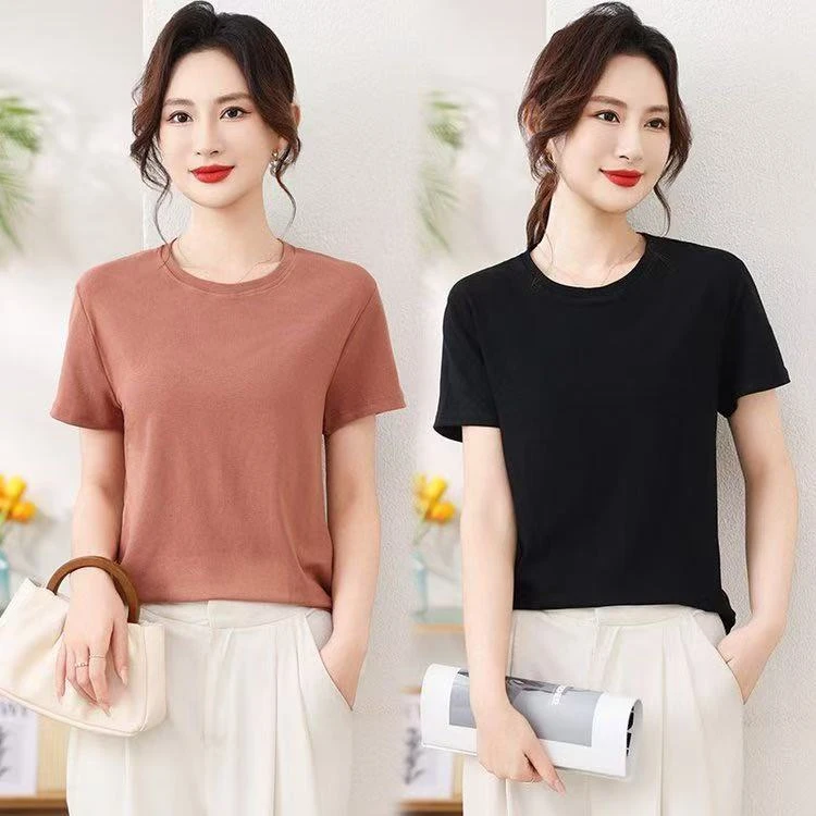 2025夏季新款简约气质百搭圆领短袖体恤纯色女士修身时尚打底衫