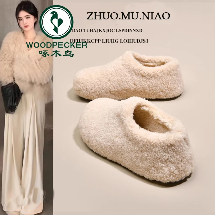啄木鸟厚底毛毛鞋女外穿雪地靴2025冬季加绒豆豆鞋一脚蹬保暖棉鞋