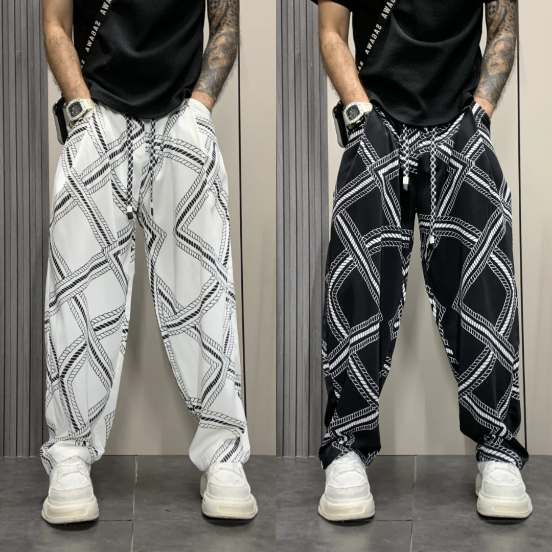 2025夏季新款男士阔腿裤几何花纹轻薄舒适透气凉感宽松垂感休闲裤