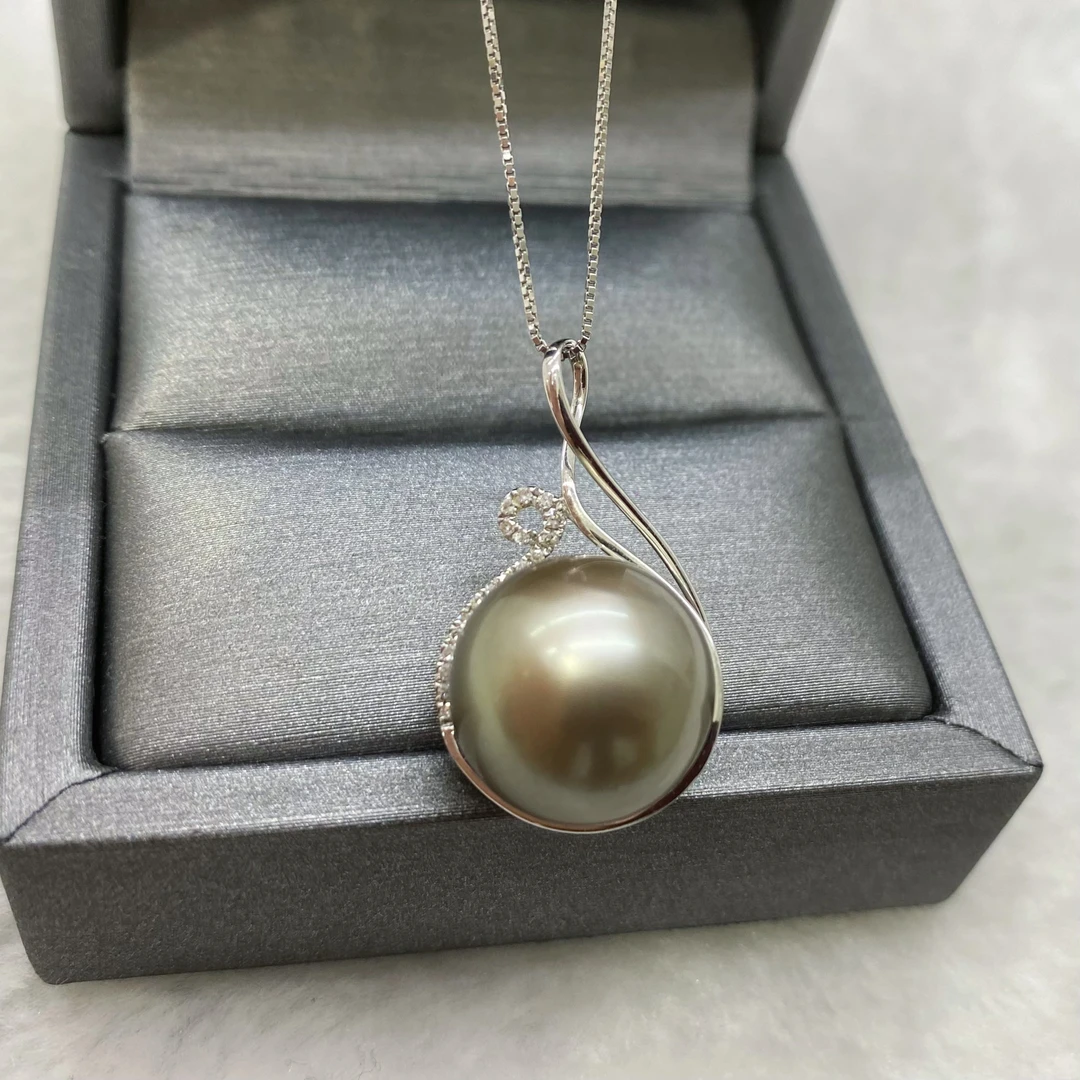 无暇品质14-15mm大溪地黑珍珠吊坠海水珍珠项链18k金钻石高品质