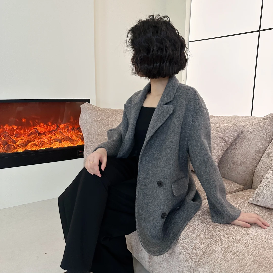 2025秋冬新款圆领短款双面羊毛大衣女宽松气质小香风毛呢外套9907