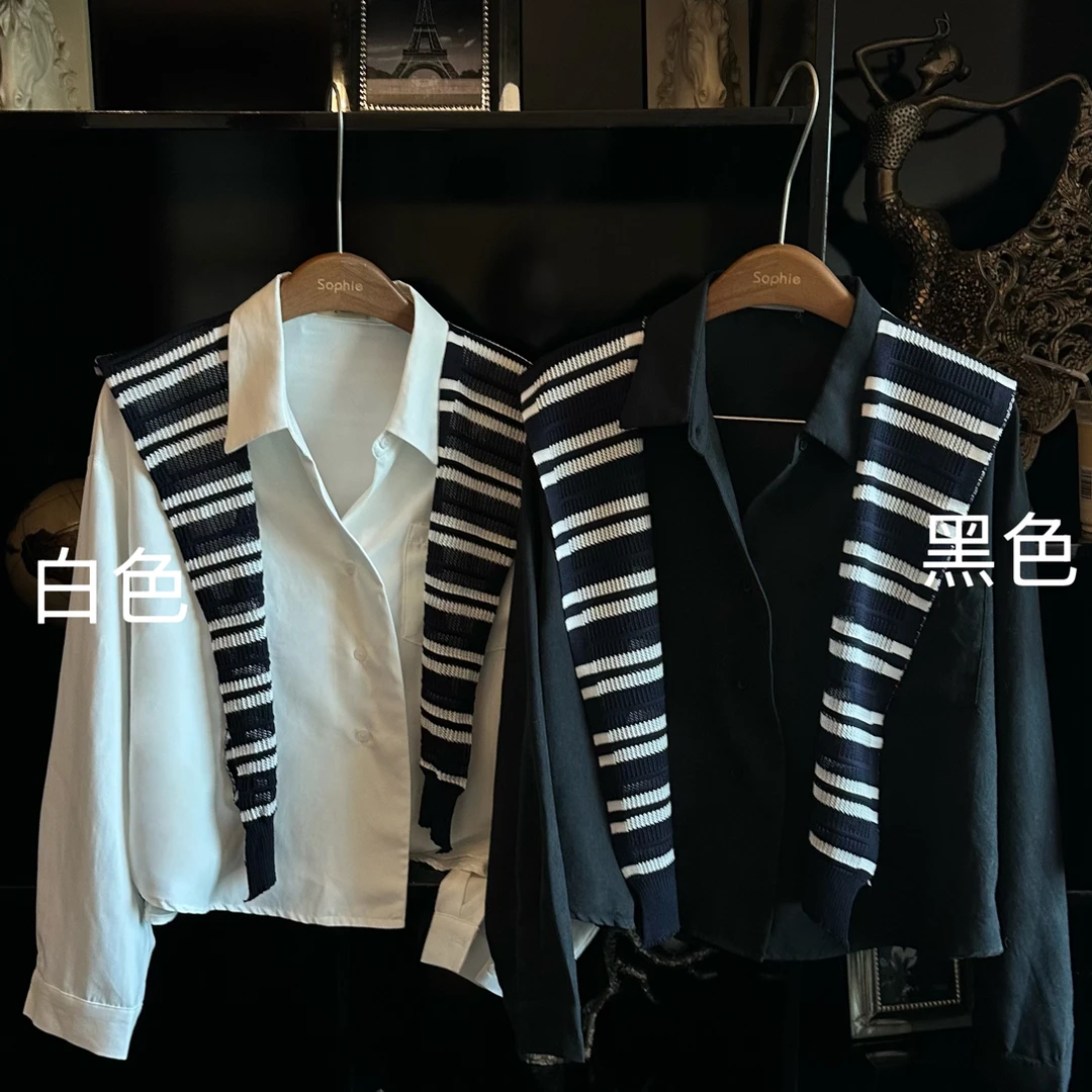 秋季新款韩系简宽松百搭休闲衬衫配条纹针织披肩092