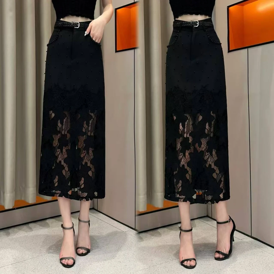 【百搭自由】复古港风高腰镂空后开叉带腰带半身裙口袋包臀裙显瘦