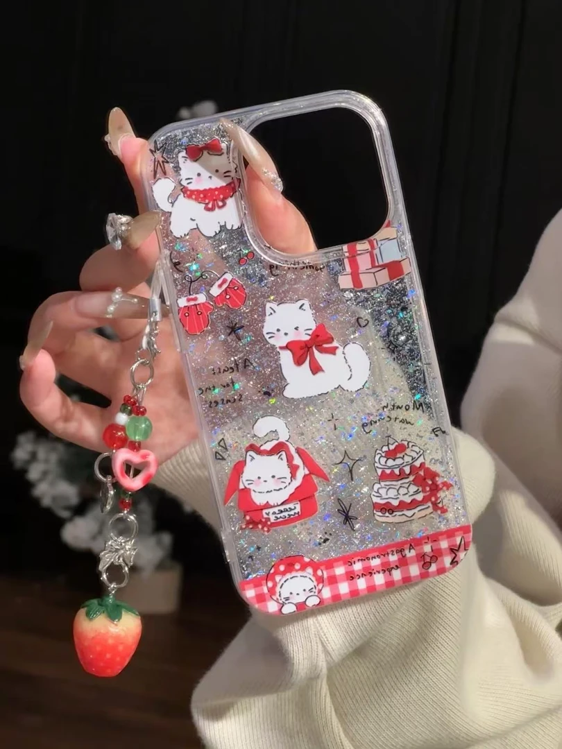 闪粉圣诞卡通可爱猫咪适用苹果16pro手机壳15pro新款防摔网红男女